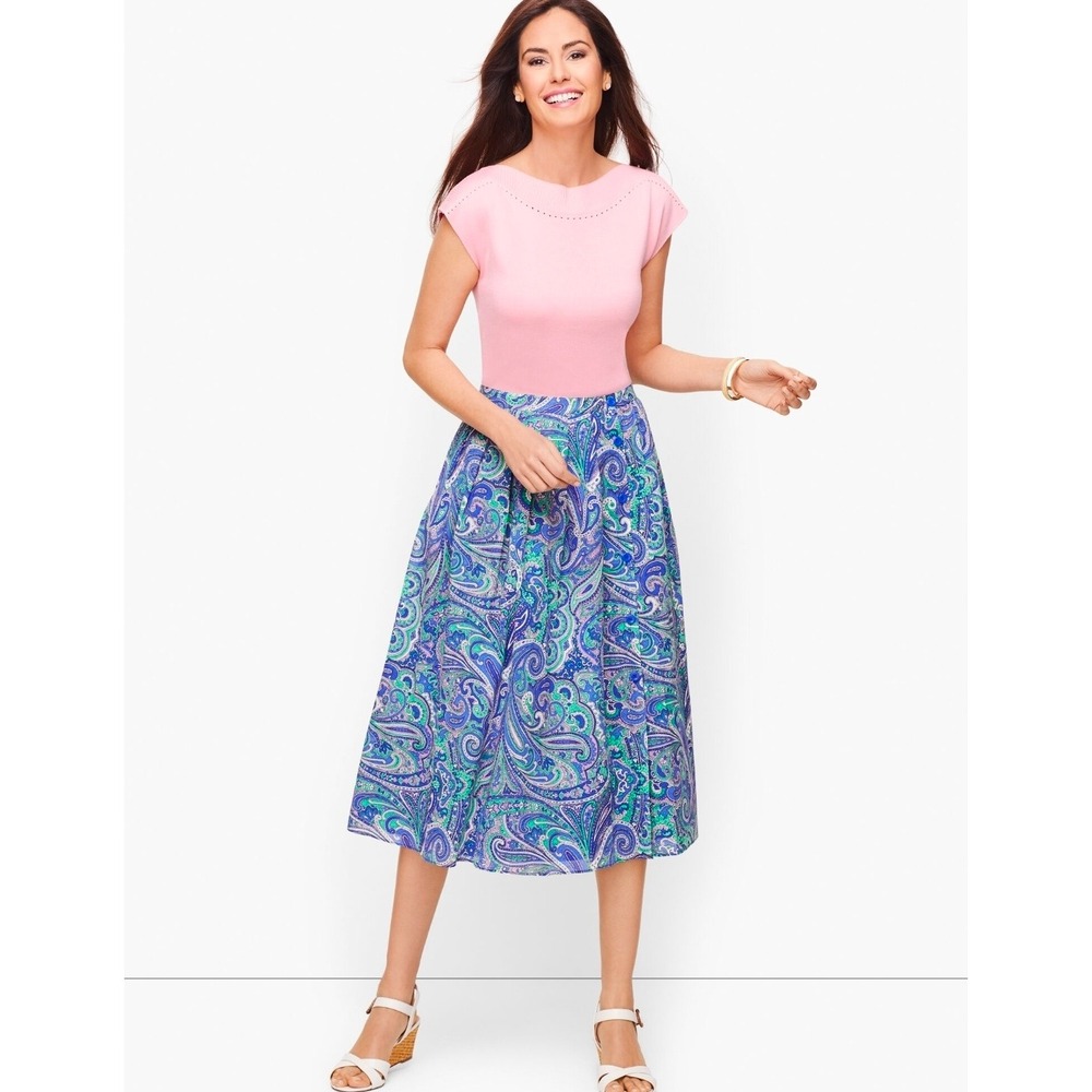 Talbots‎ Paisley Midi Skirt Womens 14P Blue Green Purple Coastal Preppy Classic